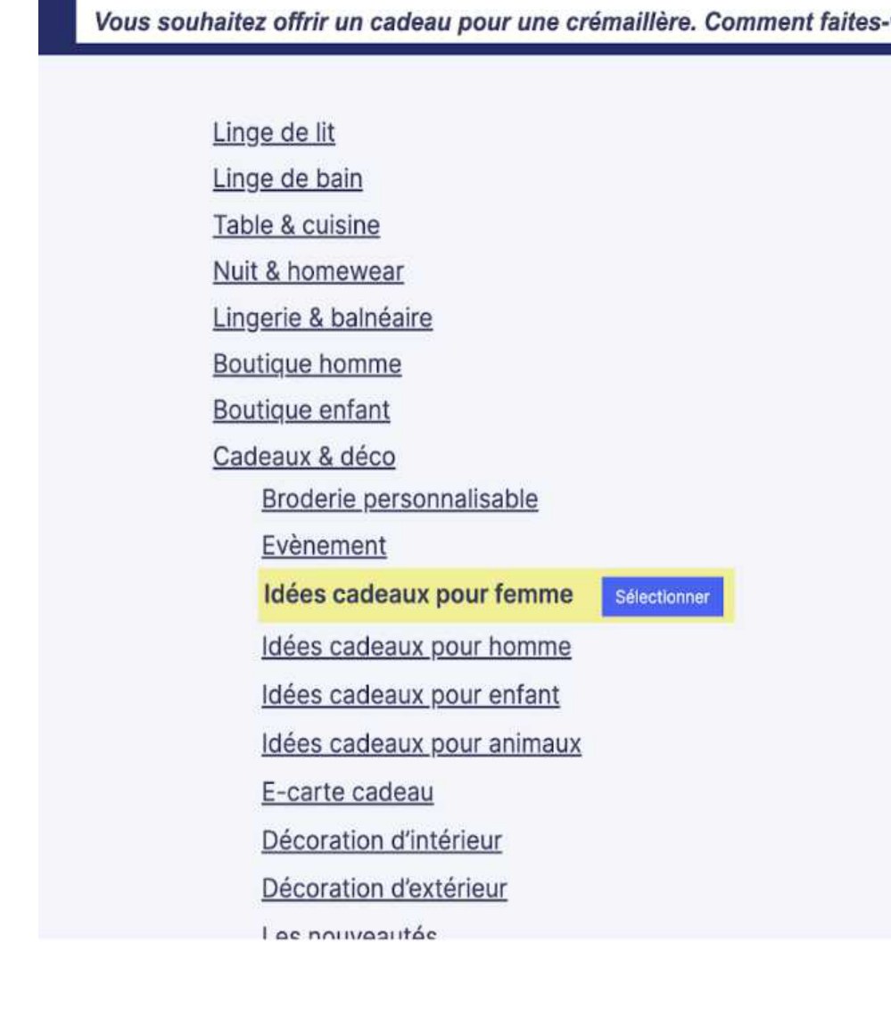 Capture d’un test d’arborescence : la tâche demandée est affichée en haut, puis le menu du site est déplié niveau par niveau, l’entrée « Idées cadeaux pour femme » étant en cours de sélection.